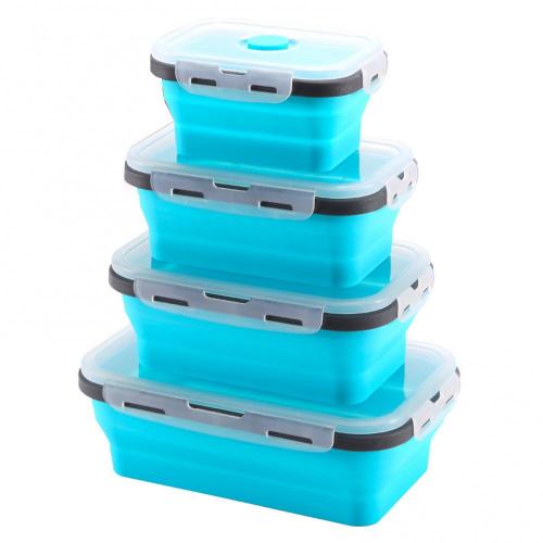 60% Sales! 4Pcs Stackable Bento Food Container Foldable Silicone Lunchbox Fresh Keep Case: Blue