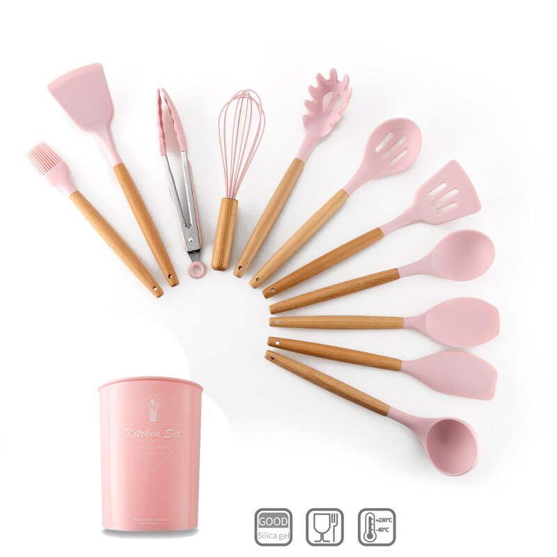 12 Pcs Keuken Gebruiksvoorwerp Set Siliconen Koken Gereedschap Huishoudelijke Houten Koken Gereedschap Ontmoette Opbergdoos Turner Tang Spatel Turner: Pink