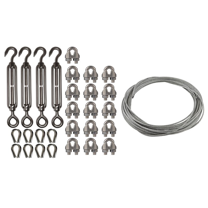 2 sæt rustfrit stål kit : 1 sæt fleksibelt wire kabel  mx12m & 1 sæt 4- stk spændebånd/spænding (øje og krog , m6)+16- stk 1/8 tommer