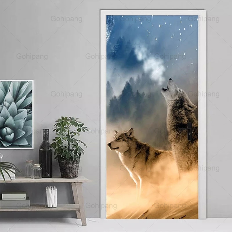 Door Sticker Starry Sky Wolf Photo Wallpaper Living Room Bedroom Home Decor Wall Stickers Door Posters Decoration