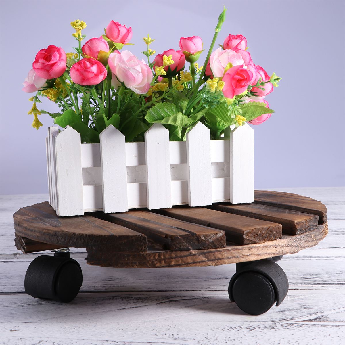 Wheeled Rolling Wooden Planter Caddy Movable Plant Flower Pot Stand with Wheels for Outdoor Garden Home