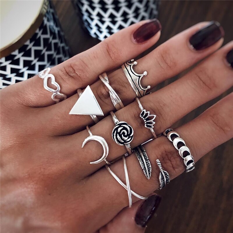 Bohemian Rings For Women Antique Silver Color Angle Anel Knuckle Gothic Punk Initial Ring Set Boho Jewelry Anniversary Gif: 11