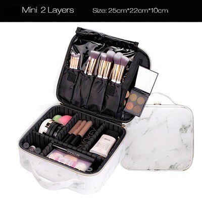 Vrouwen Professionele Nylon Make-Up Case Draagbare Reizen Schoonheidsspecialist Case Cosmetische Organizer Case Box Met Spiegel Schoonheid Koffer: Mini White Marble