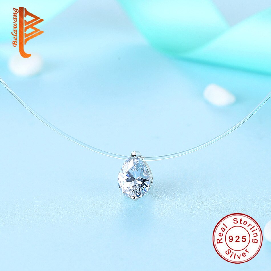 Exquisite Eenvoudige 925 Sterling Zilveren Transparante Vislijn Fonkelende Cz Hanger Kettingen Voor Vrouwen Mode-sieraden
