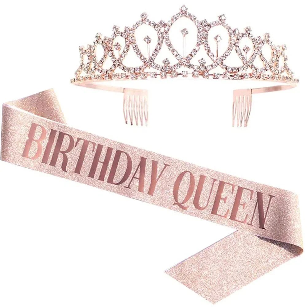 Bling Rhinestone Crystal Crown Tiara Birthday Anniversary Decoration Happy 18 21 30 40 50th Birthday Satin Sash Party Supplies: green