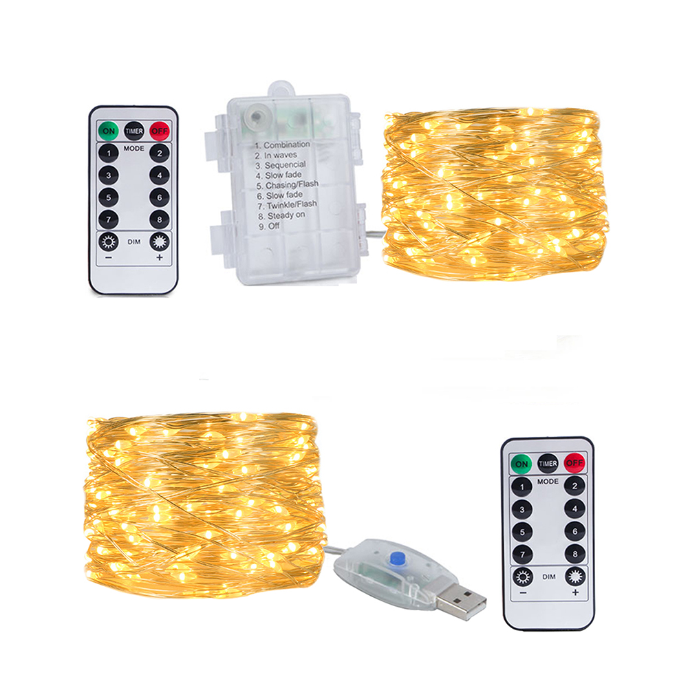 10m/20m led usb/batteri kopparfärgade ljusslingor julgirlang fjärrstyrd ljusslinga för bröllopsfest camping heminredning