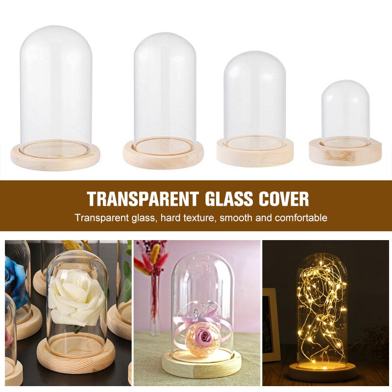 Klart glass display cloche bjelle ornamenter blomsterkrukke glassflaske med trebunn støvdeksel utstillingsboks udødelig blomsterkasse