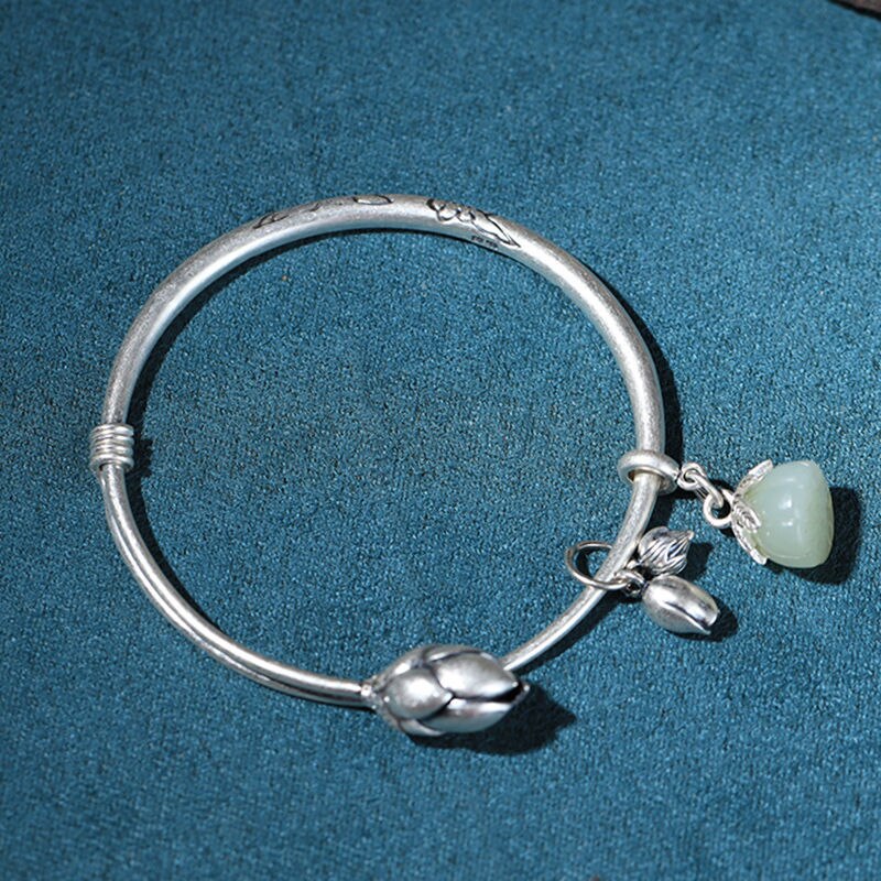 Pulseira de prata para mulheres s925 prata esterlina s925 sino de mudas de lótus ajustável sólido retrô retrô simples de prata pus