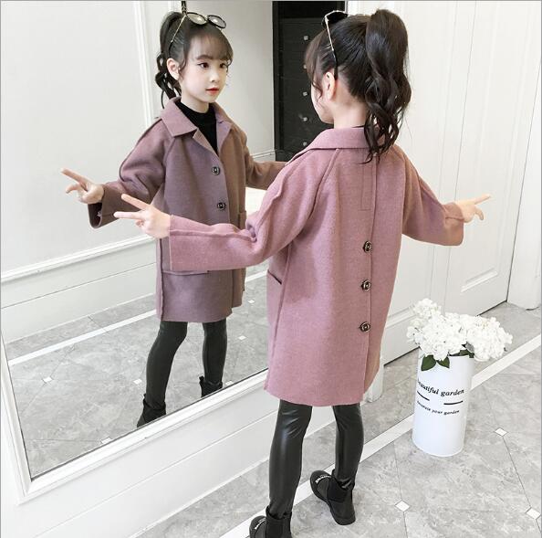 2020 di Inverno dei bambini Cappotti del Rivestimento Per Le Ragazze Vestiti Del Bambino Del Bambino Della Ragazza di Colore Puro Lungo di Lana Pulsante Indietro Capretti del Cappotto Top & outwear