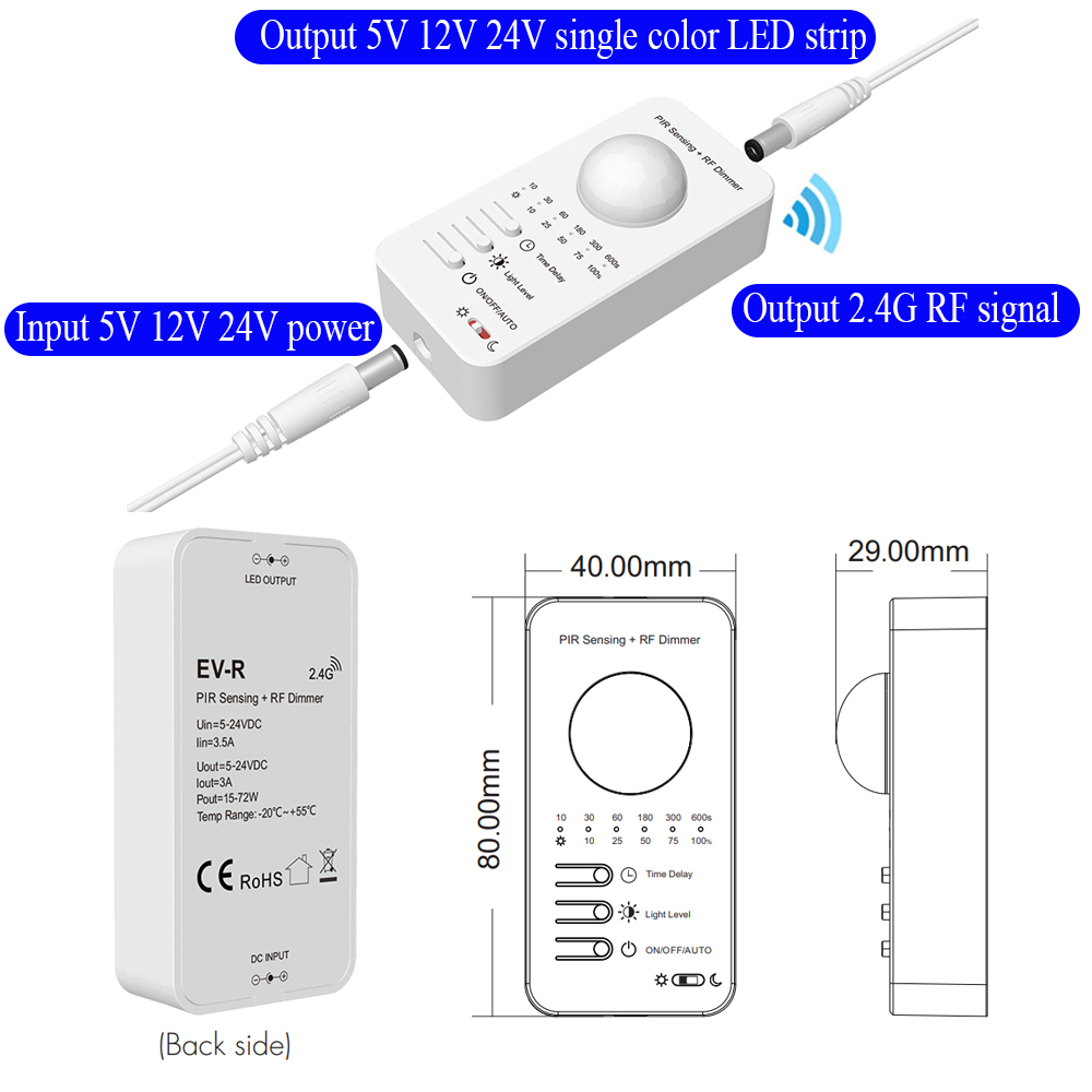 PIR Motion Sensor Dimming LED Controller 5V 12V 24V 2.4G RF Remote Control Daylight Detection PIR Controller Timer for Stairway