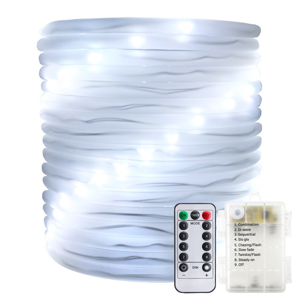 Afstandsbediening en timer batterij touwverlichting 5m 10m waterdichte led touwbuis lichtslingers voor binnen en buiten kerst bruiloft tuin: Wit / 10m 100 leds