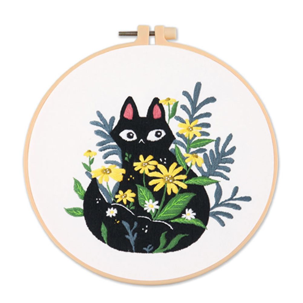 Kit de broderie motif chat noir fleur, outils de couture imprimés, Kit de couture artisanale pour débutant, broderie ronde, point de croix