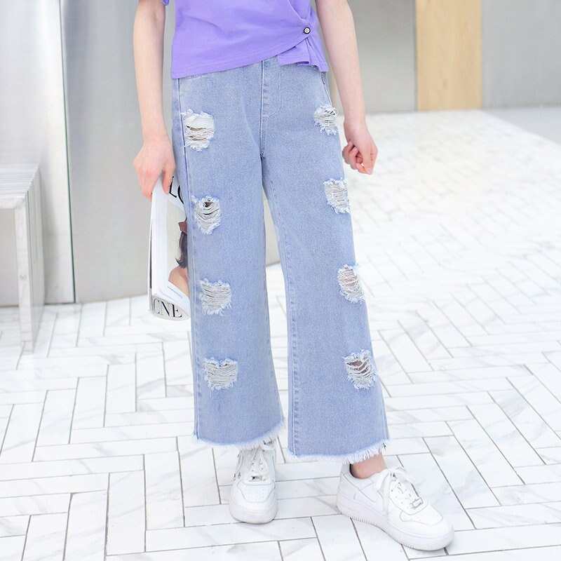 Teen Girls Fashion Jeans tinta unita cuore strappato stile coreano Denim di alta qualità pantaloni larghi pantaloni alla caviglia 4-14Y bambino