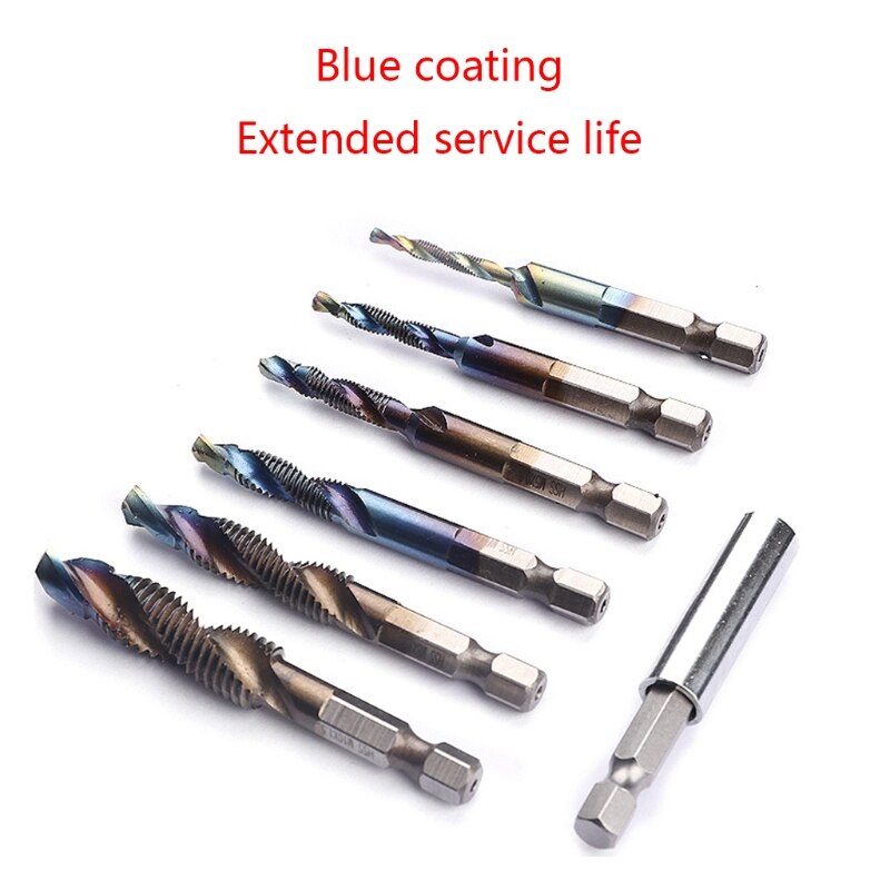 7pcs/set M3-M10 Hex Shank Blue Coated Screw Thread Metric Compound Tap Drill Bits with Extension Rod G8TB