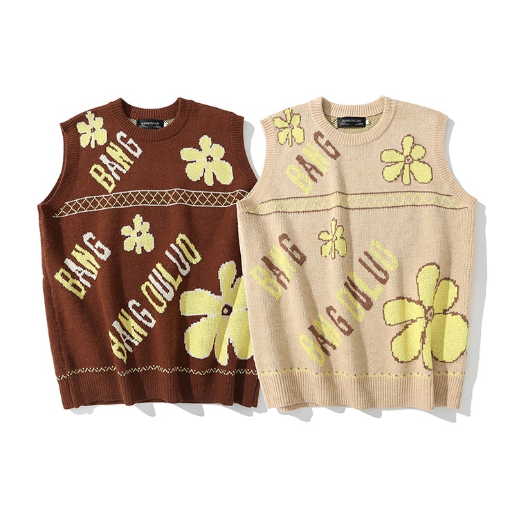 95%  bomulds vintage strik vest herre trøjer blomsterprint brun efterår jacquard ærmeløs trøje koreansk tøj