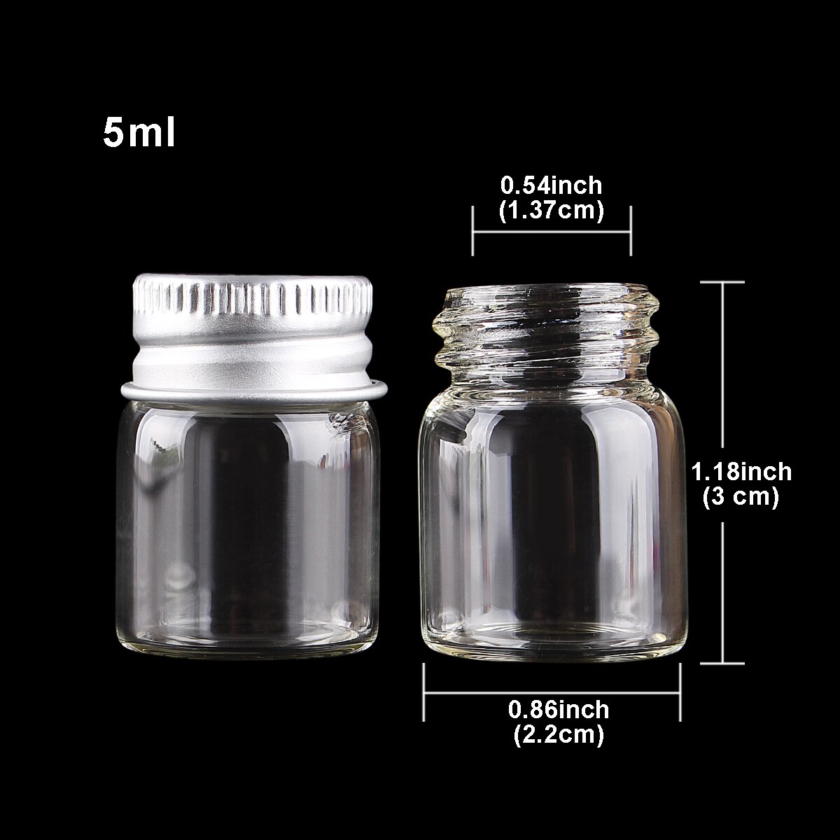 10 piezas de botellas de vidrio de 5ml/6ml/7ml/10ml/14ml/18ml/20ml/25ml/30ml con tapas de aluminio, Mini tarros de vidrio pequeños, 9 tamaños, selección en U: Negro