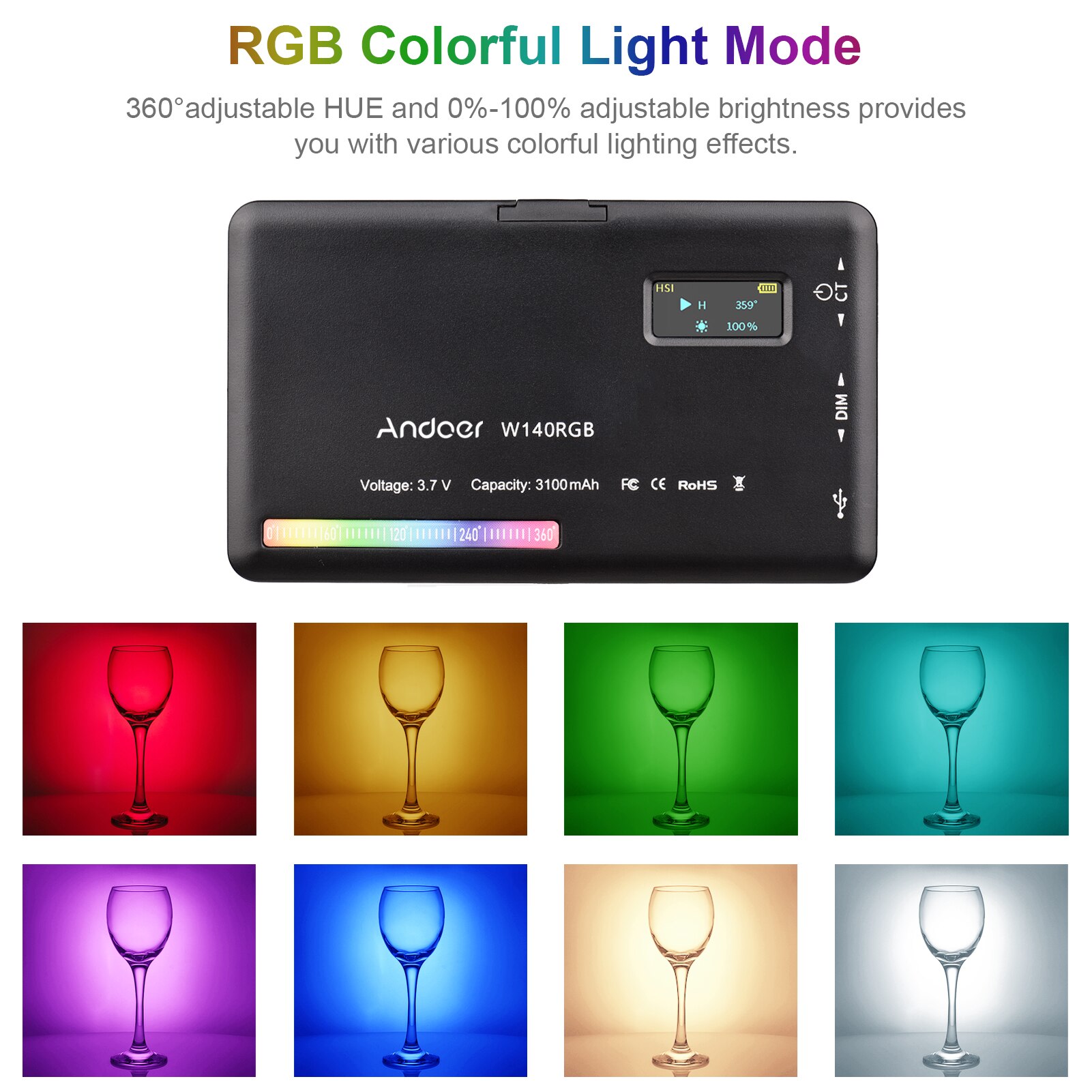 Andoer W140 RGB LED Video Light Rechargeable Photography Fill Light CRI95+ 2500K-9000K 20 Lighting Effects for Video Shooting