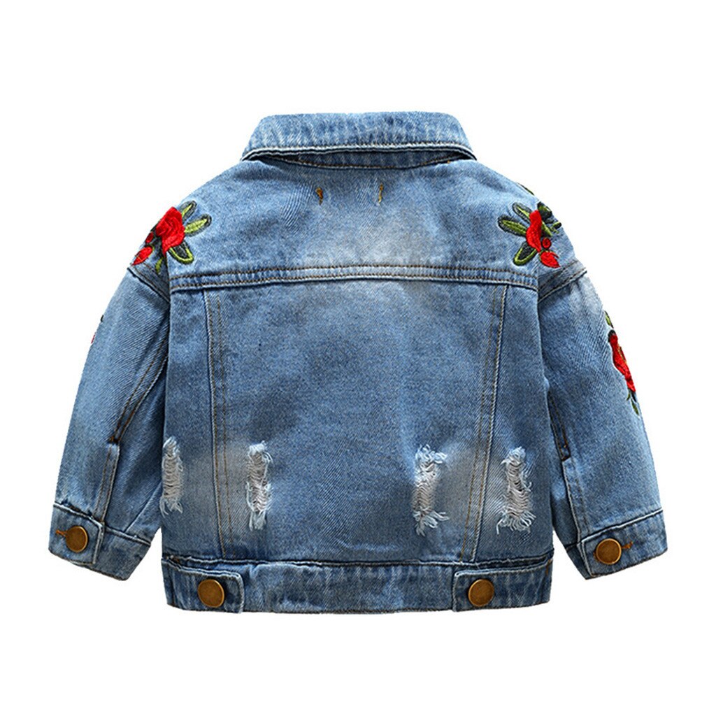 Enfant en bas âge bébé fille printemps automne veste à manches longues Rose broderie coupe-vent Denim manteau filles hauts déchiré jean Outwear