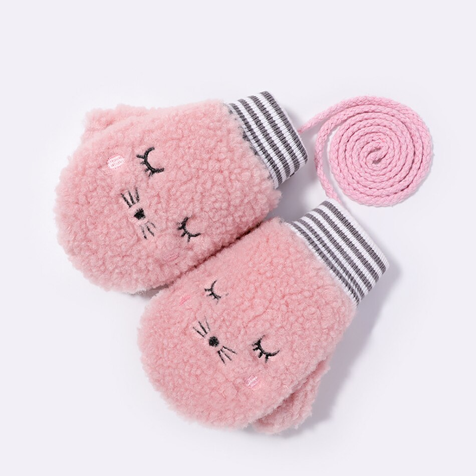 Winter Girls Thick Warm Kids Gloves Knit Soft Rabbit Fur Gloves Finger Mittens Cute Cartoon Plush Thick Cute Cat Touch Gloves: J