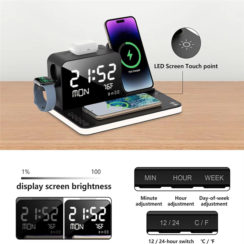 Wireless Charging Station Withtime Display Multifunctional Charging Accessories Compatible Withmultiple Devices-ABIU