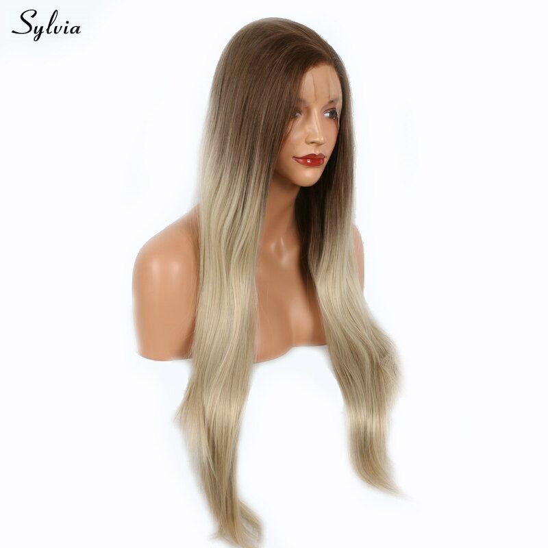 Sylvia Natuurlijke Bruine Pruik Ombre Blonde Two Tone Straight Lange Synthetische Hair Gratis Deel Natuurlijke Haarlijn Handgemaakte Lace Front Pruiken