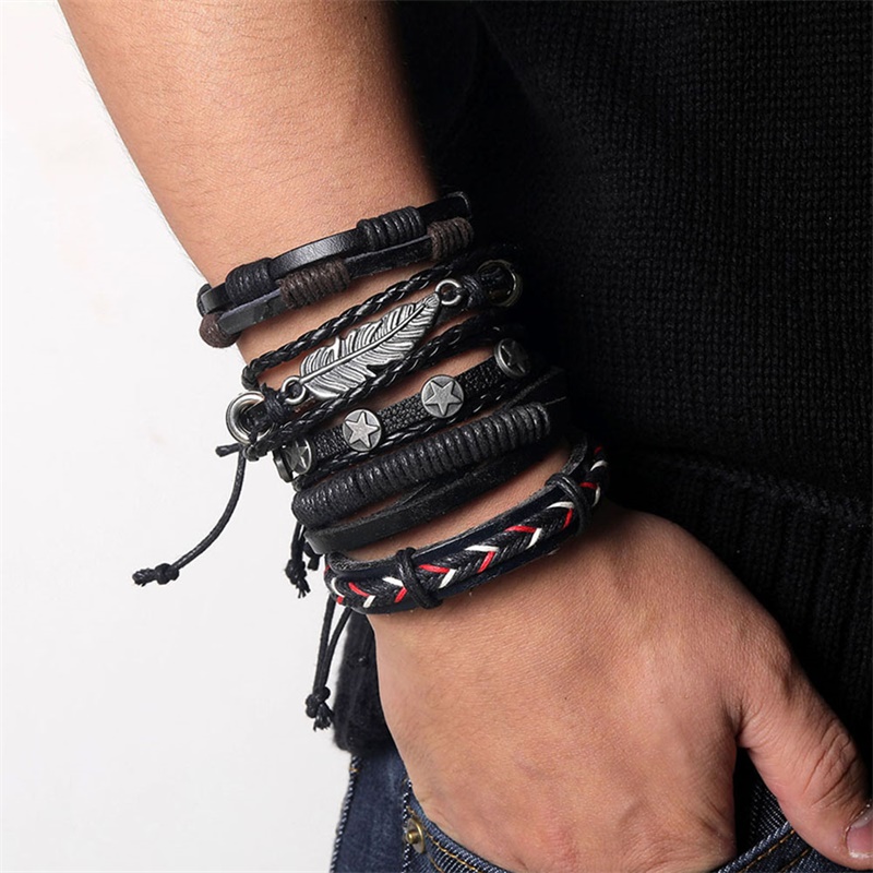 IFMIA-Conjunto de pulseras de cuero Vintage para hombre y mujer, brazalete de piel con varias hojas de búho, joyería de ,
