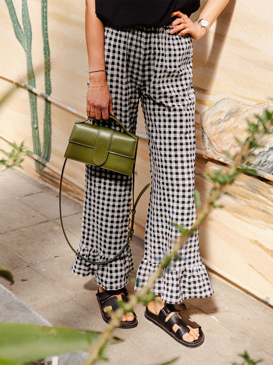 Damen Plaid Print Hose gekräuselte Beine elastischer Bund breites Bein locker lässig ziehen auf Hose