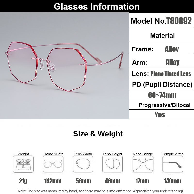 Gmei Optical Ultra-light Pink Titanium Alloy Women's Rimless Glasses Frame With Gradient Pink Tint Plano Lenses T80892