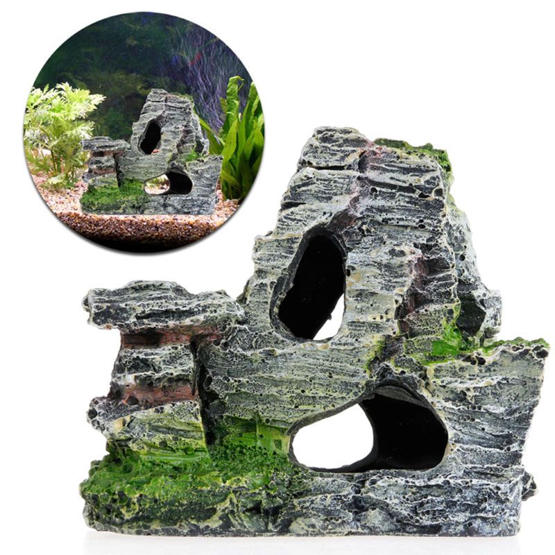Bjergudsigt akvarium sten hule træ bro akvarium ornament stenværk dekor gxma