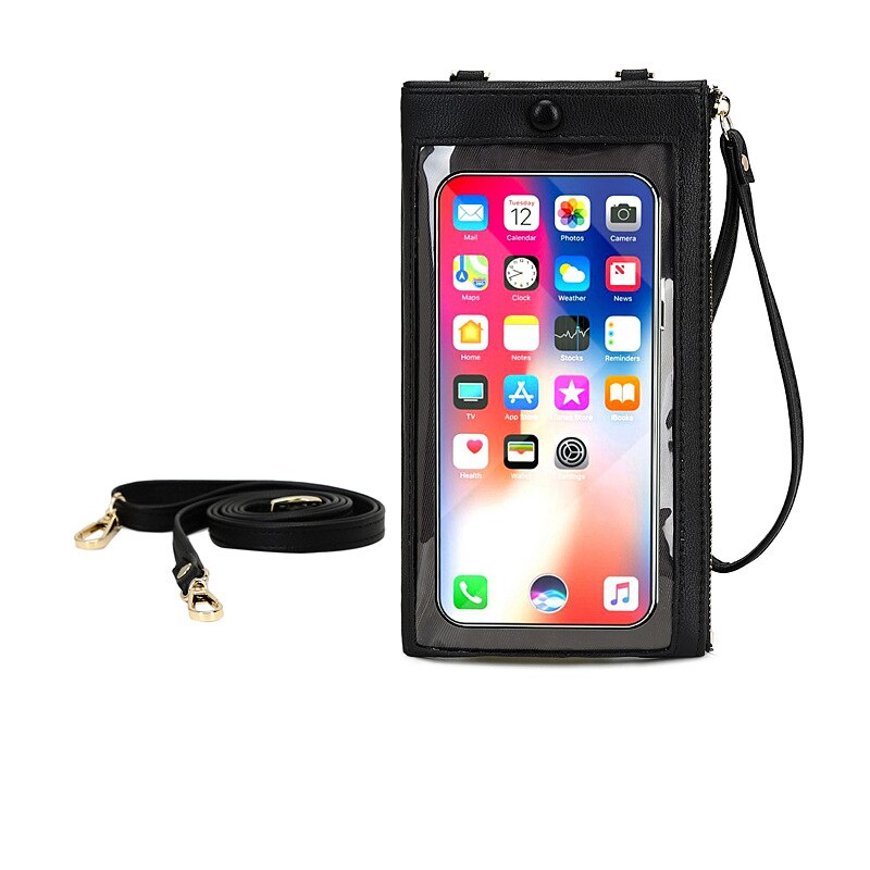 Touchscreen Mobiele Telefoon Vrouwelijke Tas Grote Capaciteit Pure Kleur Messenger Vrouwen Portemonnee Multifunctionele Enkele Schouder Portemonnee: Black