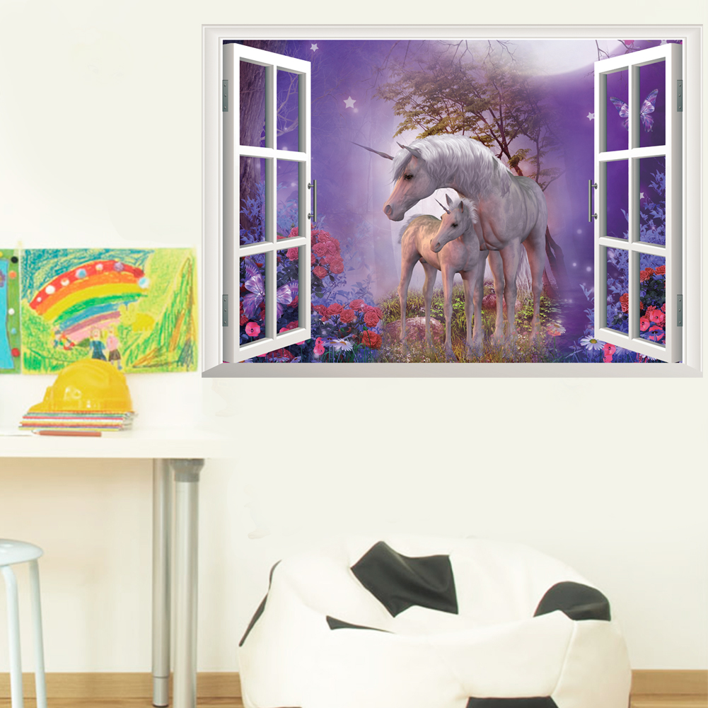 3D Eenhoorn Paard Muursticker Animal Tiger Dinosaur Home Decor Art Mural Meubels Panel Window Sticker Kinderkamer Muur Sticker