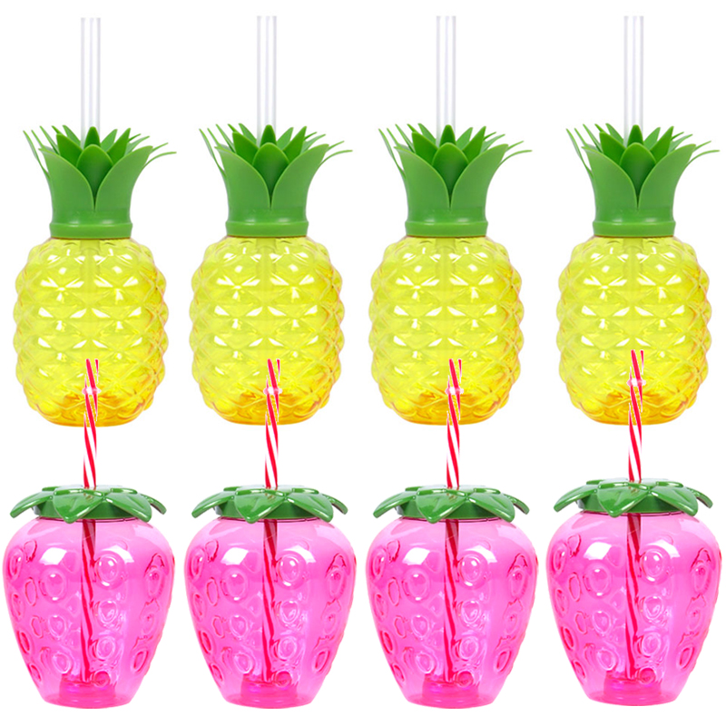 Tasse à boire en plastique en forme d'ananas/fraise/pastèque avec paille, décor hawaïen, fournitures de fête d'été sur la plage et la piscine, 6/8 pièces: plum