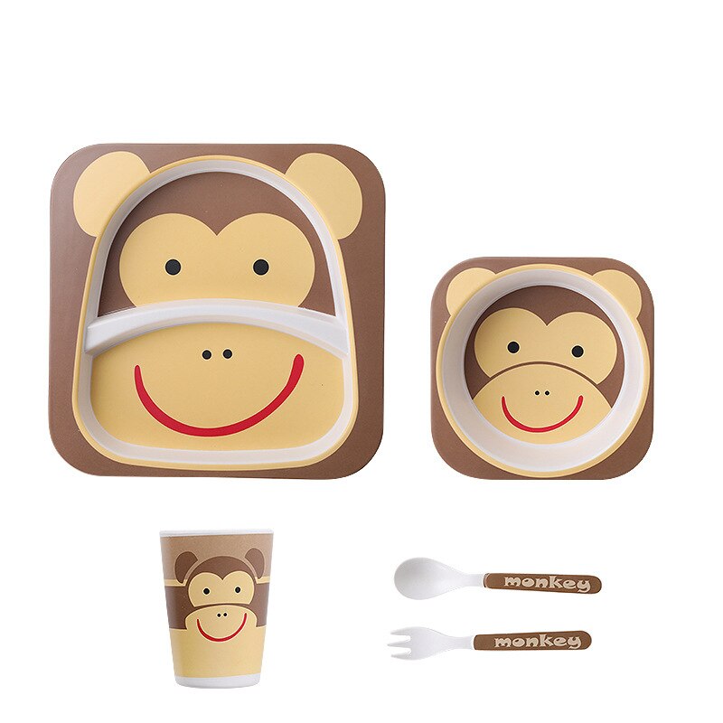 Imebaby5 pièce ensemble bambou vaisselle bambou bol bébé alimentation plaque créative dessin animé enfants bol/tasse/fourchette cuillère coffret: little monkey