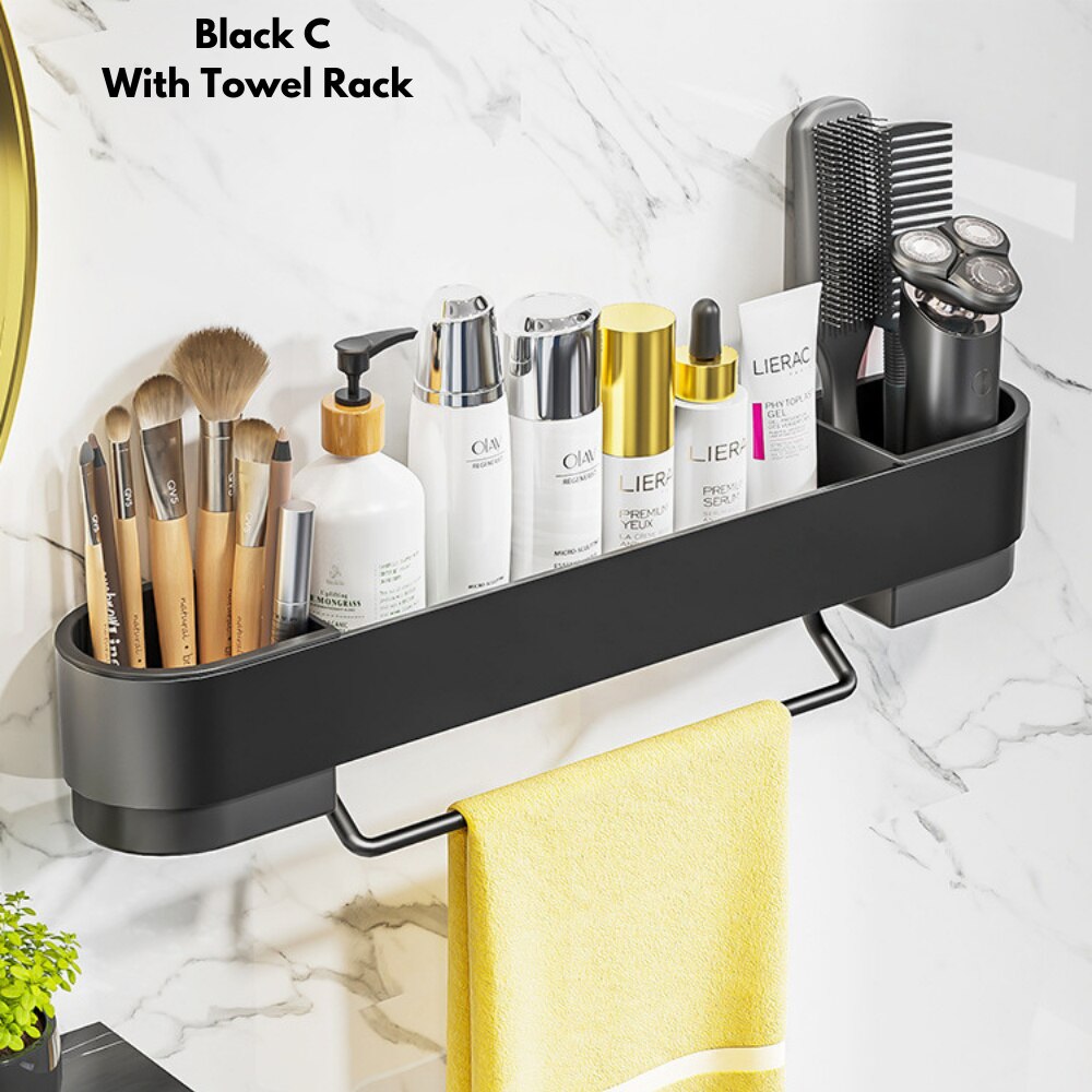 Étagère d'angle de salle de bain, sans perçage, pour cosmétiques, shampoing, douche, support de rangement, organisateur de toilette, accessoires de salle de bain: Black C with Rod
