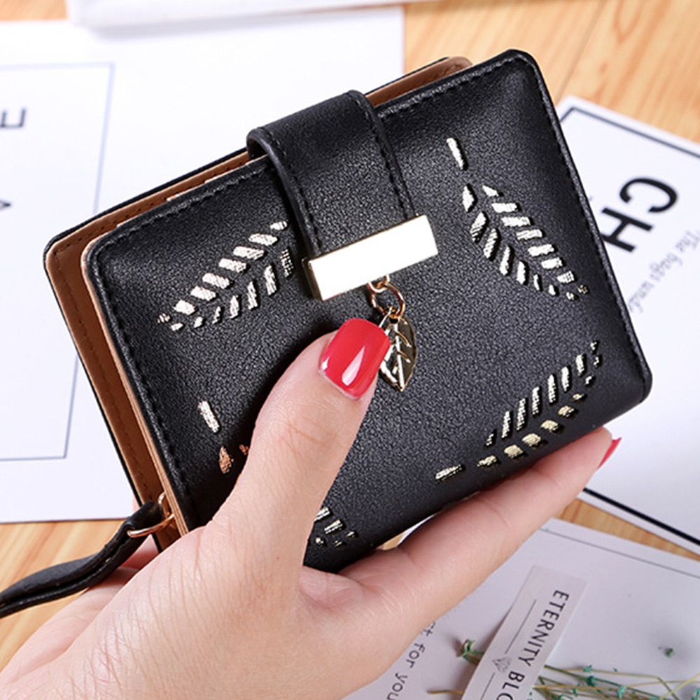 Vrouwen Portemonnee Rits Lederen Dames Portemonnee Vrouwen Luxe Kleine Vrouwelijke Portemonnee Holle Bladeren Voor Creditcards: 1