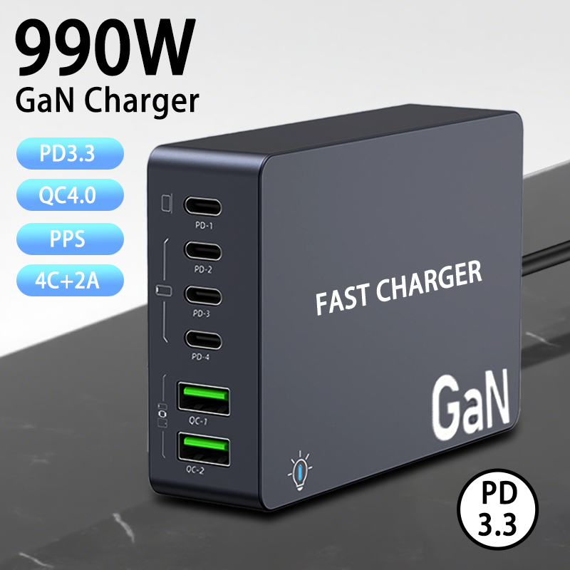 990W GaN Quick Charger 4 USB C 2 USB A Desktop Multi Port Socket Connector Chargers For Laptop Cellphone Tablet PD Fast Charging