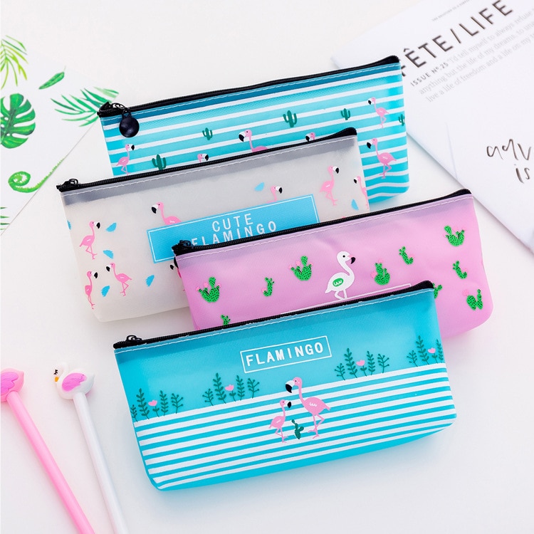 Estuche de lápices Kawaii de flamencos, Estuches de de PVC, caja de lápices escolares, bolsa de lápices, suministros escolares, papelería, 1 ud.