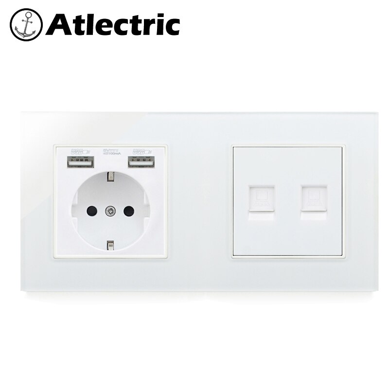 Atlectric de eu stik vægstik dobbelt usb , rj45,  tv port dobbelt stik stik stikkontakt glas panel led indikator