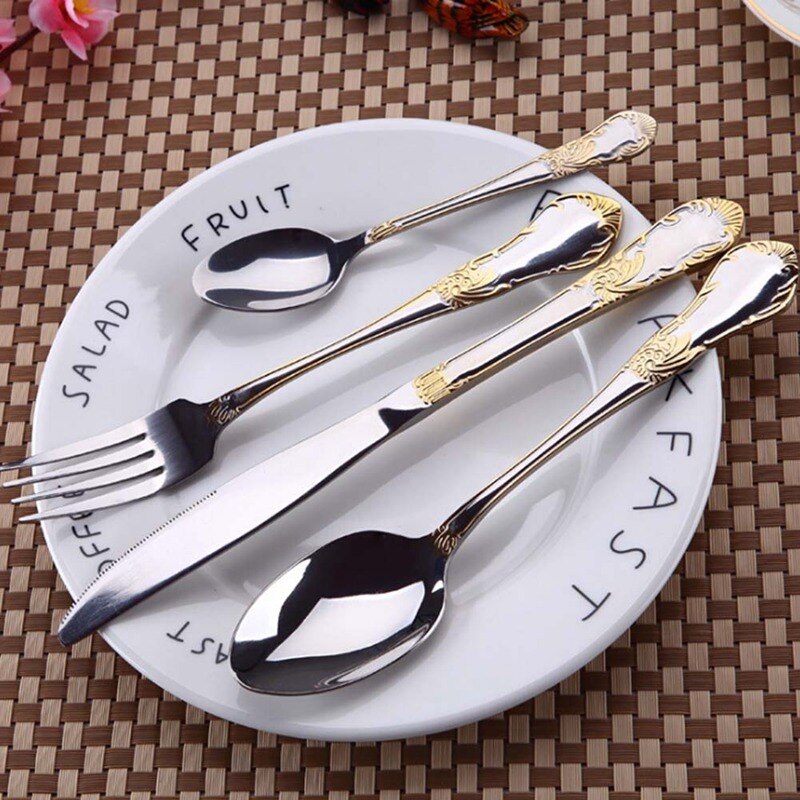 Ruostumattomasta teräksestä valmistetut ruokailuvälineet, korkealaatuiset veitset, haarukat ja lusikat, ruokailuvälineet, kullatut kukkakuvioiset astiat