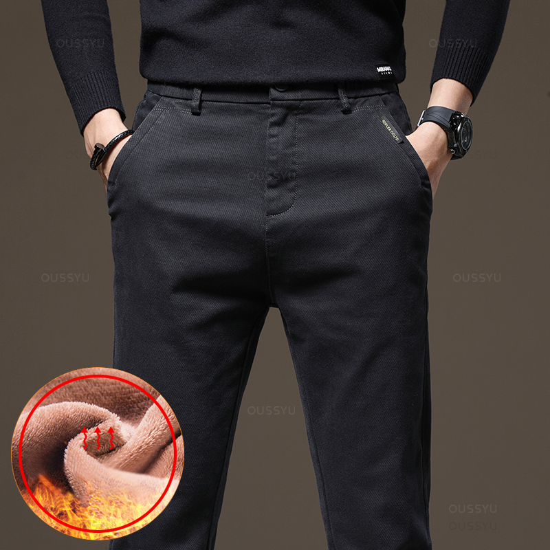 Pantalones informales cálidos de lana para hombre, de algodón, cintura elástica, sarga, trabajo, flocado, pantalones Cargo gruesos, novedad de invierno de 2024: 29 / Negro