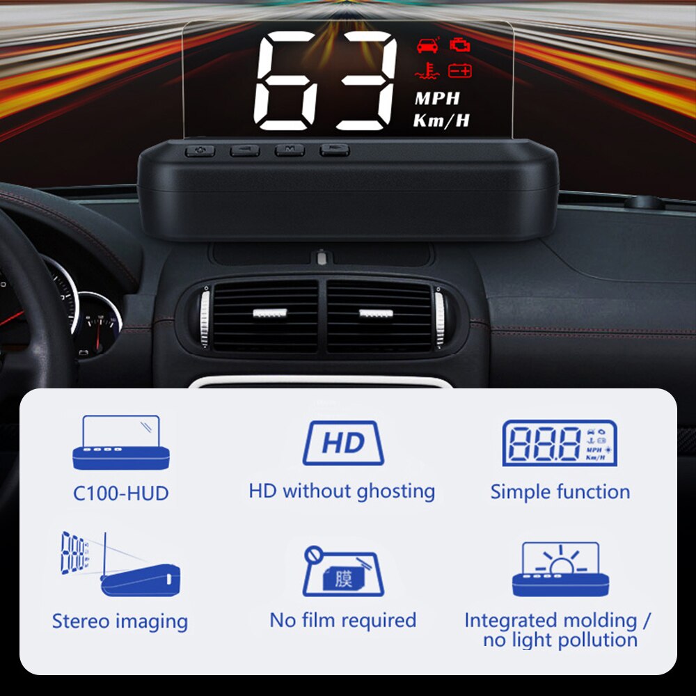 Sistema de alarma de sobrevelocidad para coche, proyector con pantalla frontal, parabrisas, alarma electrónica de voltaje, HUD, C100-HUD, OBD2 II, EUOBD