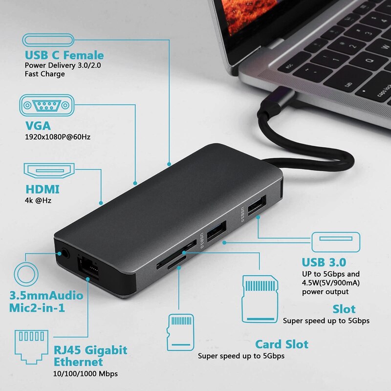 Docking Station 9 in 1 USB C Hub Adapter VGA HDMI Network Port o USB PD Hub for Laptop Mobile Flash Drive and More