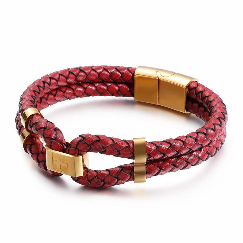 Pulseras de dijes cruzados de acero inoxidable de 210mm para hombre, joyas de cuero negras/rojas de doble capa: KB110744-K