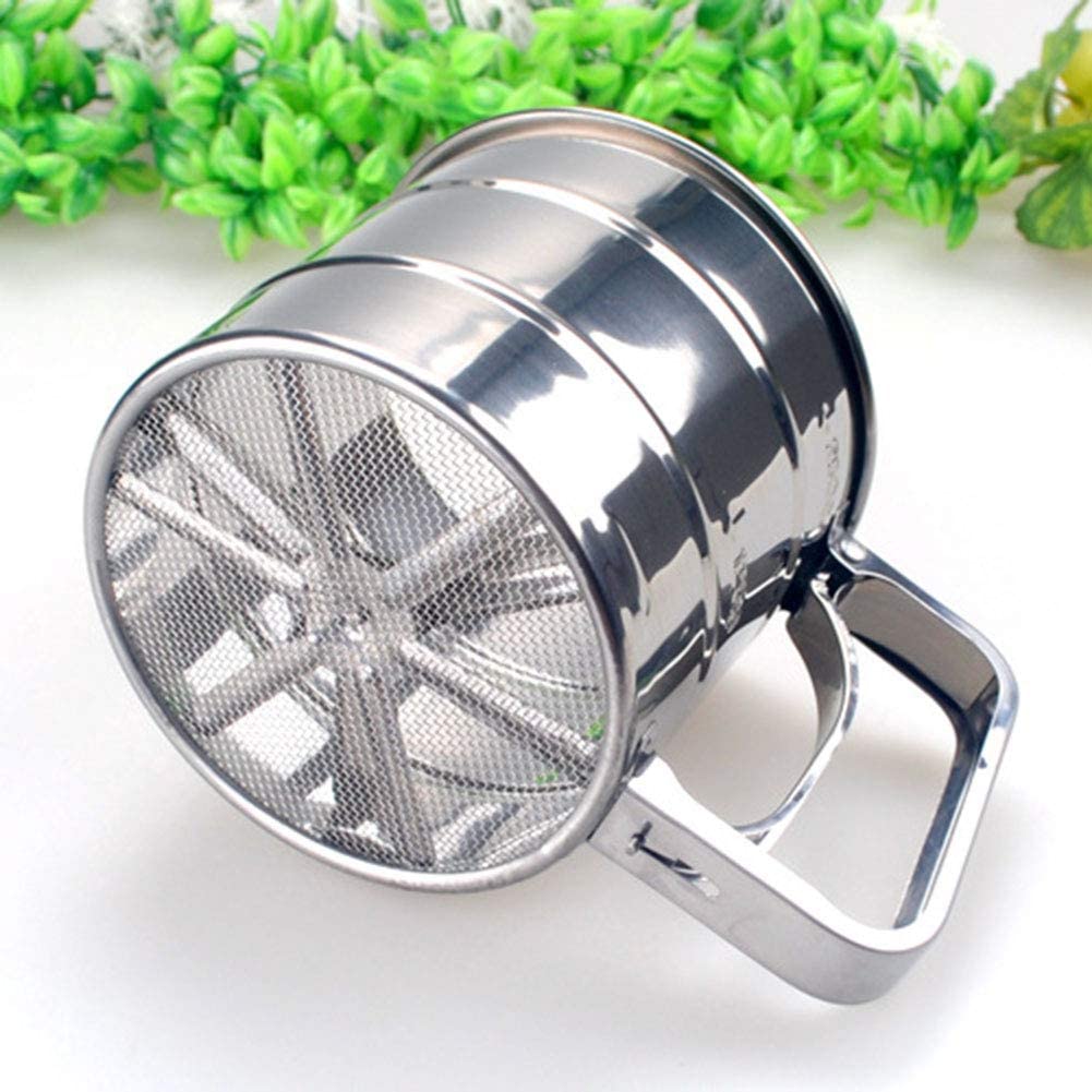 Flour Sifter, Stainless Steel Handheld Shaker Sieve Cup Mesh Crank Kitchen Baking Flour Sifter with Measuring Scale