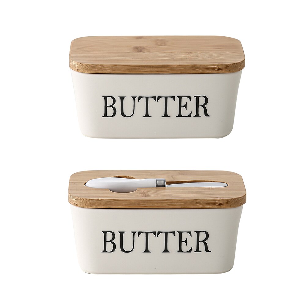 Butter Sealing Box Ceramic Butter Plate with Wood Lids Butter Dish Container Keeper Tray Household Sugar Spices Storage Case