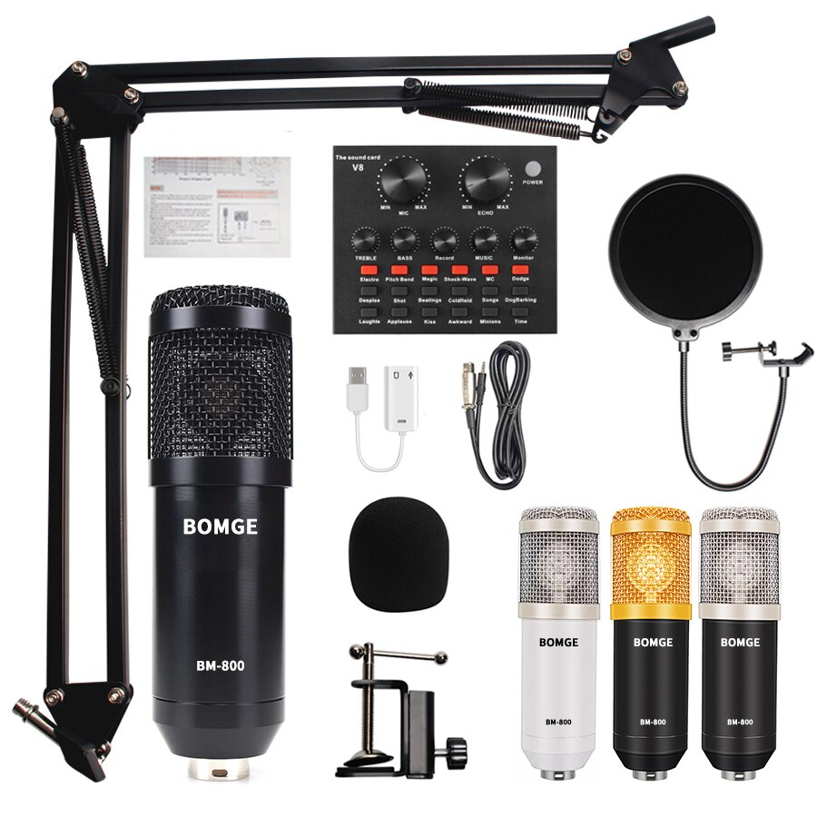 bm 800 condenser microphone mic studio microphone for gaming pc computer karaoke kit bm-800 bm800 V8 sound card: Soundcard--Black