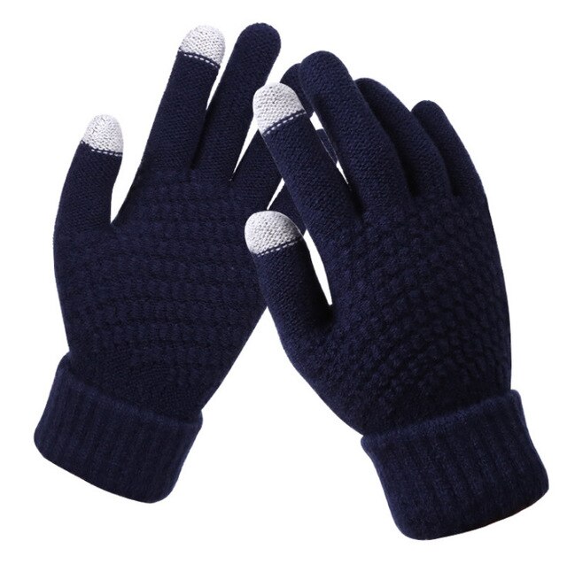Guantes cálidos de invierno para pantalla táctil para hombre y mujer, de Cachemira fría, lana gruesa, de punto, para dedo completo, de Año: Navy