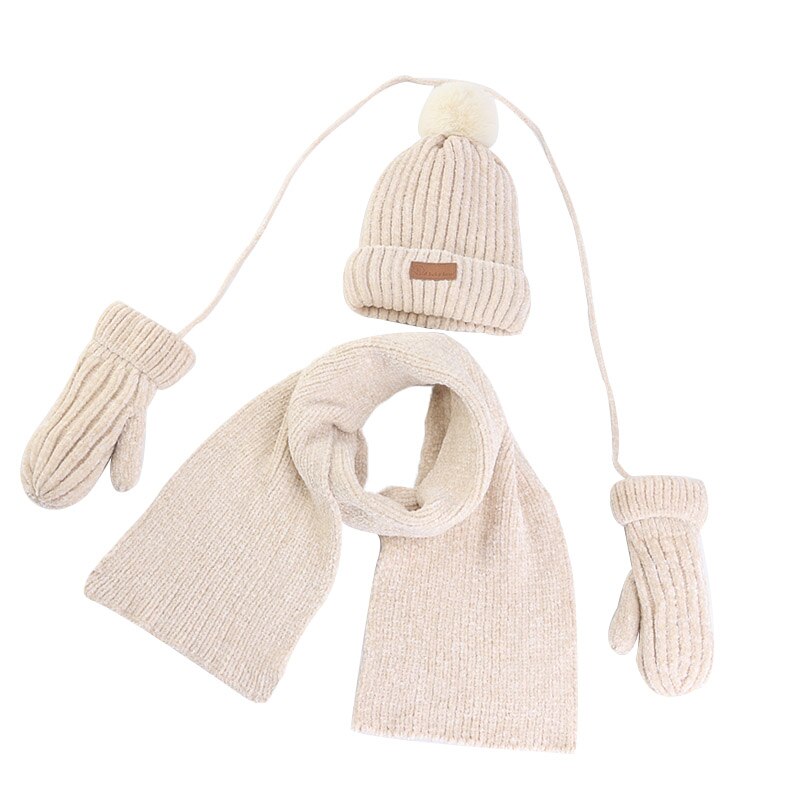 Gorro y bufanda para bebé de 1 a 5 años, traje de 3 piezas, invierno, cálido, Chenille, Slouchy, gorro y bufanda para niños y niñas, novedad: Beige