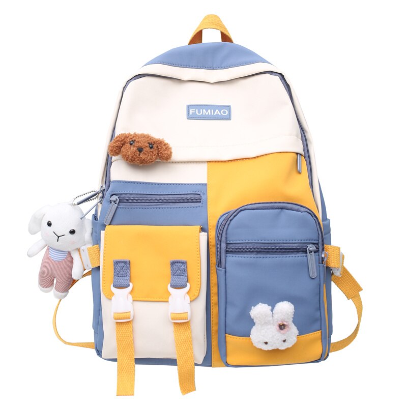 Trendy Colorful Women Travel Backpack Waterproof Nylon School Backpack for Teenage Girls Boys College Book Laptop Rucksack: Yellow / with pendant