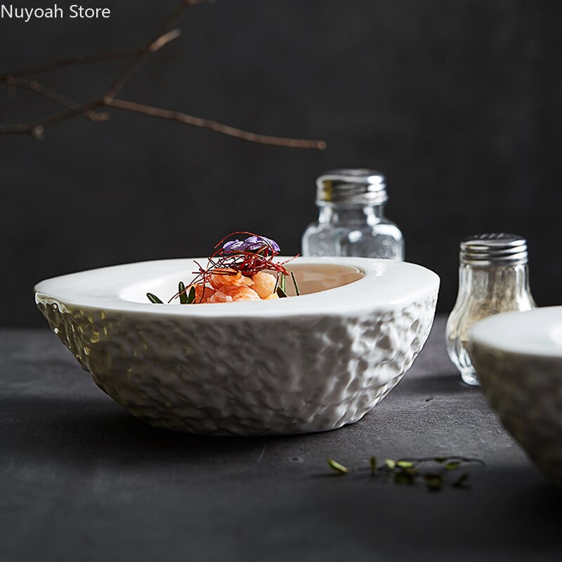 White Special-shaped Irregular Dinner Plate Stone Grain Egg-shaped Bowl Insulation Bowl Hotel Restaurant Tableware